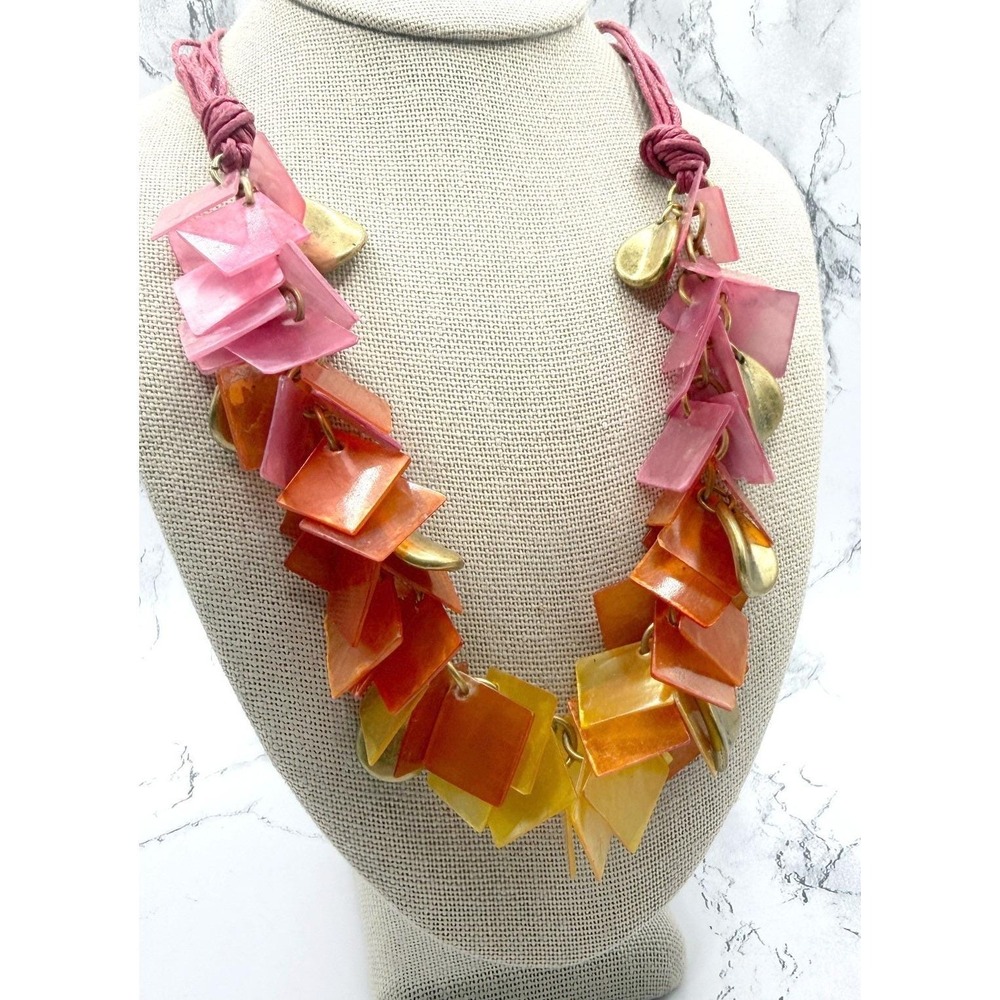 Coldwater Creek Pink Cord Necklace‎ Orange Yellow Beads Gold Charms Coastal